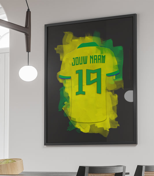 Brazilië ingelijste voetbal poster met eigen naam en rugnummer - Braziliaans voetbal elftal poster met personalisatie