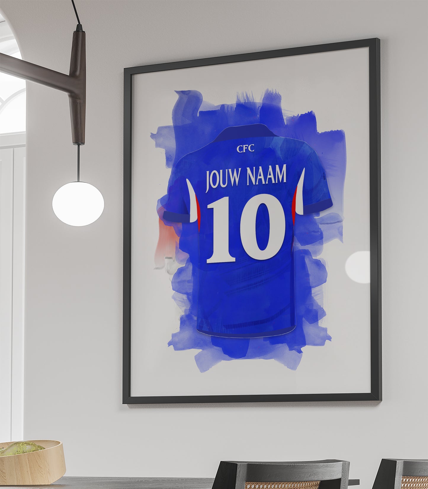 Chelsea FC wanddecoratie met eigen naam - Fan voetbal cadeau - ingelijste poster - Witte achtergrond - Chelsea shirt 2026