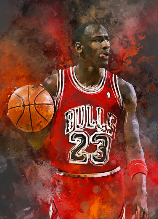 Michael Jordan poster in Chicago Bulls tenue. Basketbal poster beschikbaar als losse poster, ingelijste poster, canvas schilderij en dibond. In donkergrijze of witte achtergrondkleur.