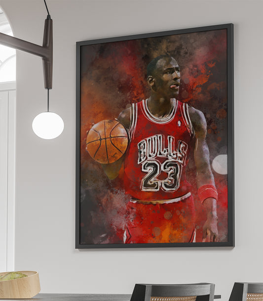 Michael Jordan poster in Chicago Bulls tenue. Basketbal poster beschikbaar als losse poster, ingelijste poster, canvas schilderij en dibond. In donkergrijze of witte achtergrondkleur.