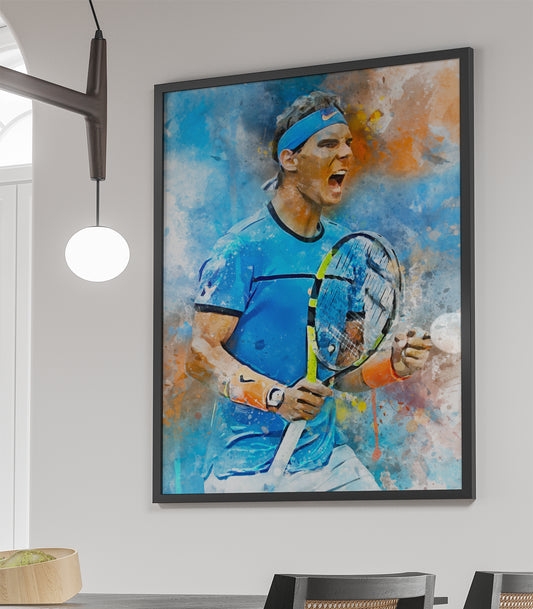 Ingelijste poster van Rafael Nadal in actie, met de optie om de afbeelding te verkrijgen als losse poster, ingelijste poster, canvas schilderij of dibond afdruk.