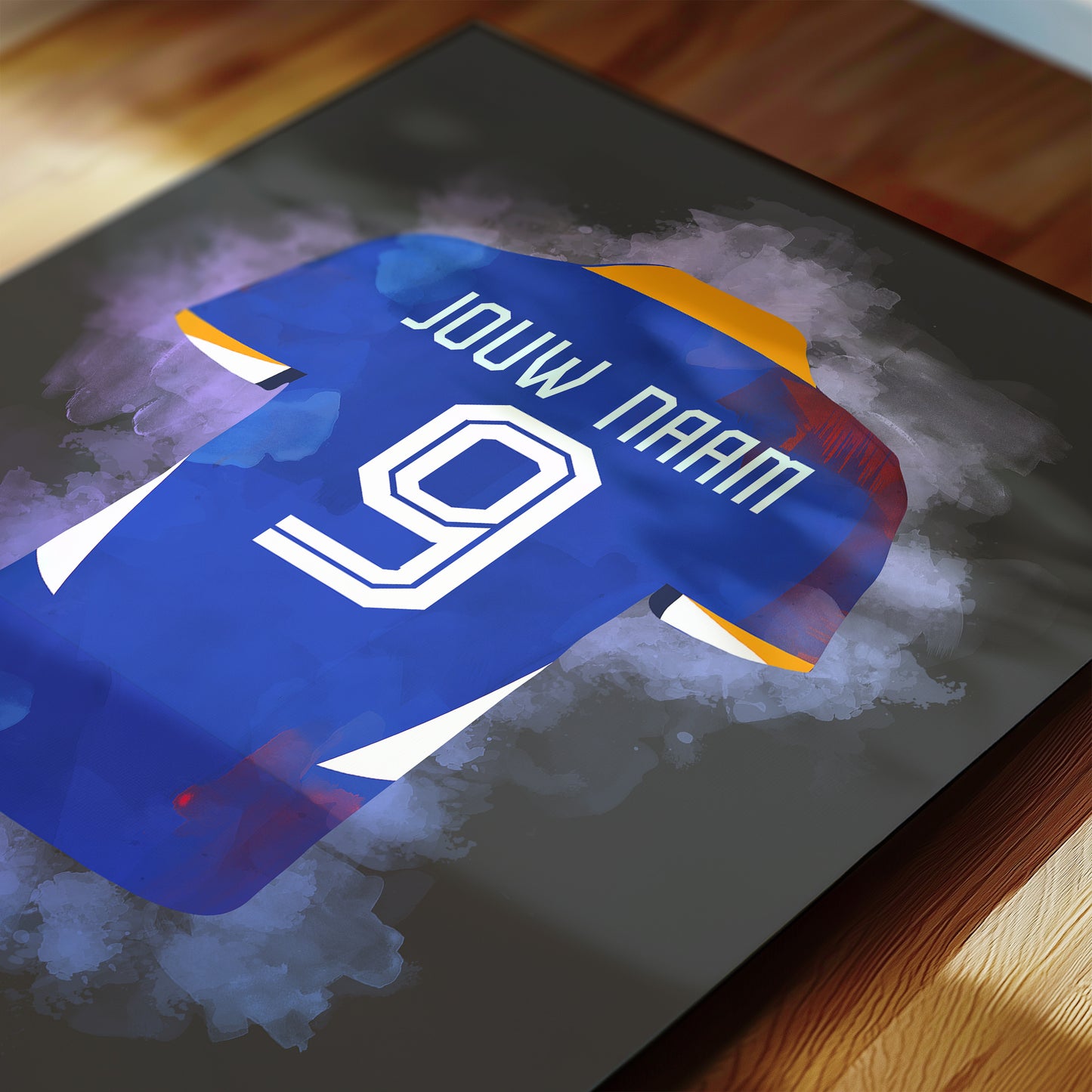 Oranje uit voetbal poster met personalisatie bestellen op canvas, dibond, poster of ingelijste poster.