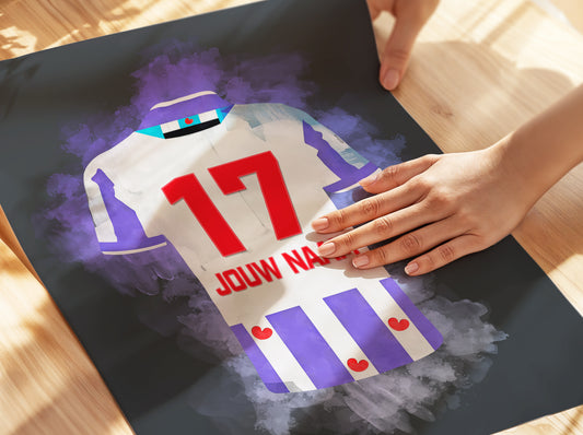 Handgemaakte voetbalposter met mogelijkheid tot personalisatie van naam en rugnummer, stijlvolle wanddecoratie voor fans