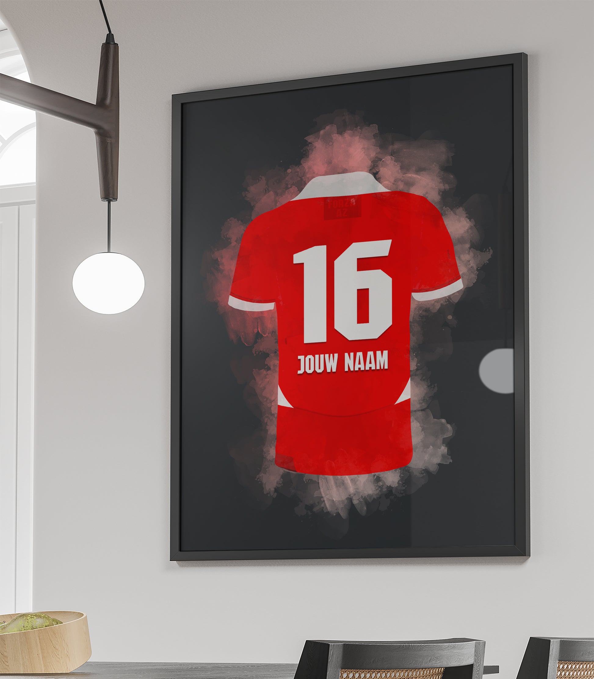 Handgemaakte AZ Alkmaar poster met mogelijkheid tot personalisatie van naam en rugnummer, stijlvolle wanddecoratie voor fans