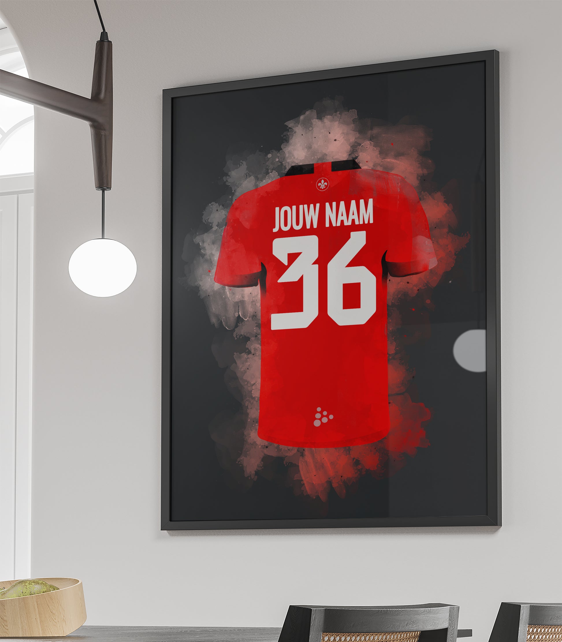 Handgemaakte Almere City poster met mogelijkheid tot personalisatie van naam en rugnummer, stijlvolle wanddecoratie voor fans