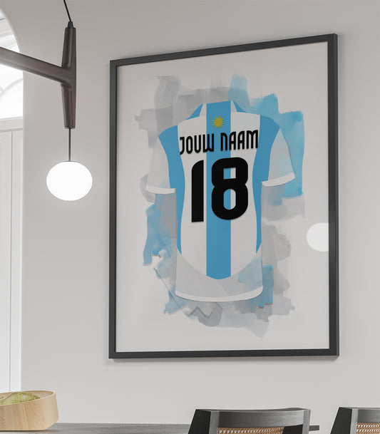 Argentijns Elftal ingelijste witte poster met eigen naam en rugnummer - Argentinië voetbal poster met personalisatie