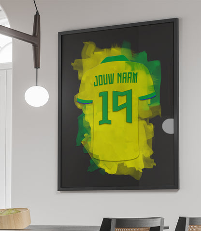 Brazilië ingelijste voetbal poster met eigen naam en rugnummer - Braziliaans voetbal elftal poster met personalisatie
