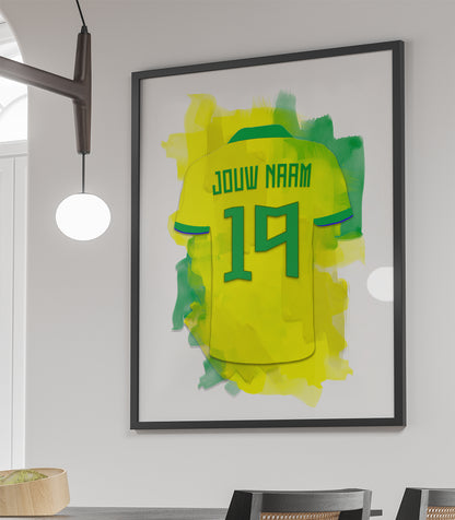 Brazilië witte ingelijste voetbal poster met eigen naam en rugnummer - Braziliaans voetbal elftal poster met personalisatie
