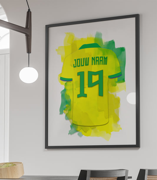 Brazilië witte ingelijste voetbal poster met eigen naam en rugnummer - Braziliaans voetbal elftal poster met personalisatie
