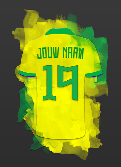 Brazilie voetbal poster met eigen naam en rugnummer - Braziliaans voetbal elftal poster met personalisatie