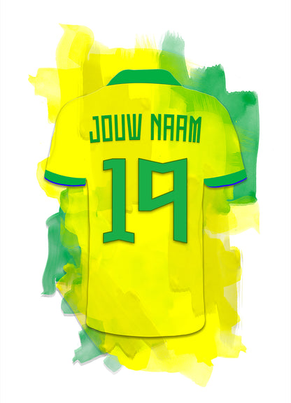 Brazilie witte voetbal poster met eigen naam en rugnummer - Braziliaans voetbal elftal poster met personalisatie