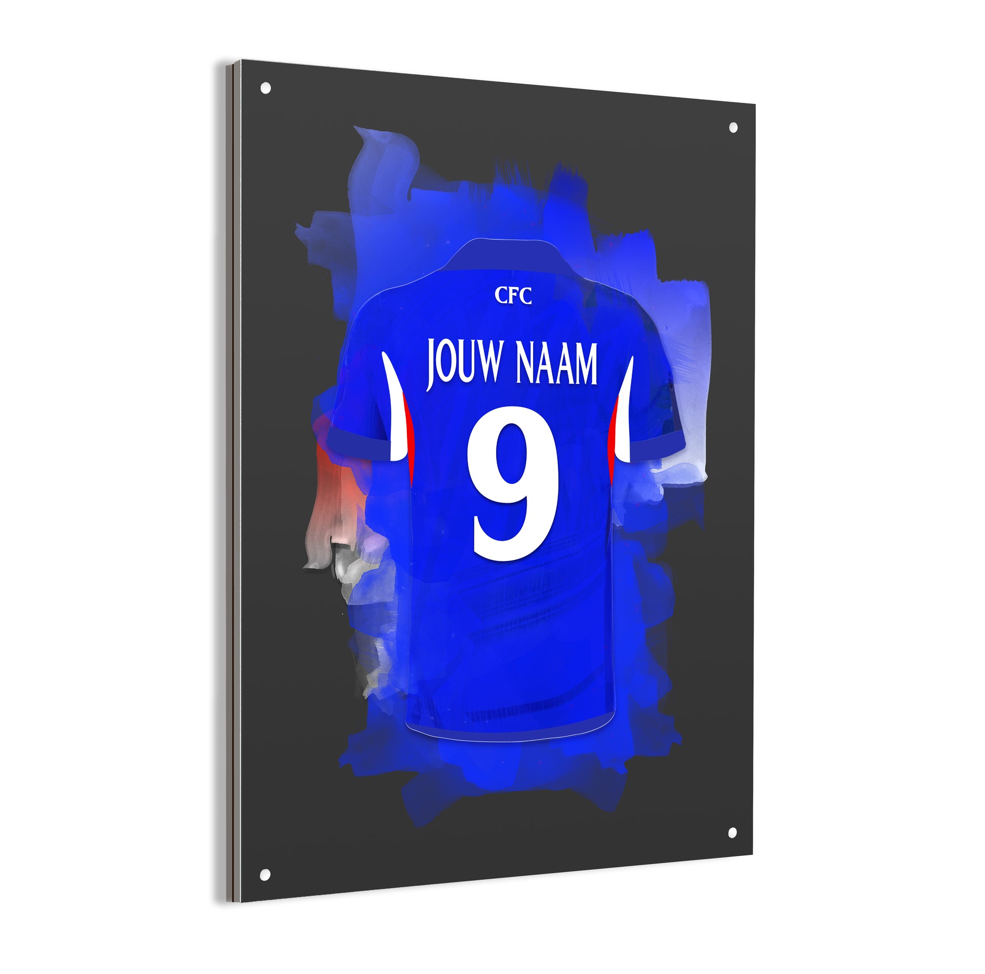 Chelsea FC wanddecoratie met eigen naam - Fan voetbal cadeau - Dibond poster - Zwarte achtergrond - Chelsea shirt 2026