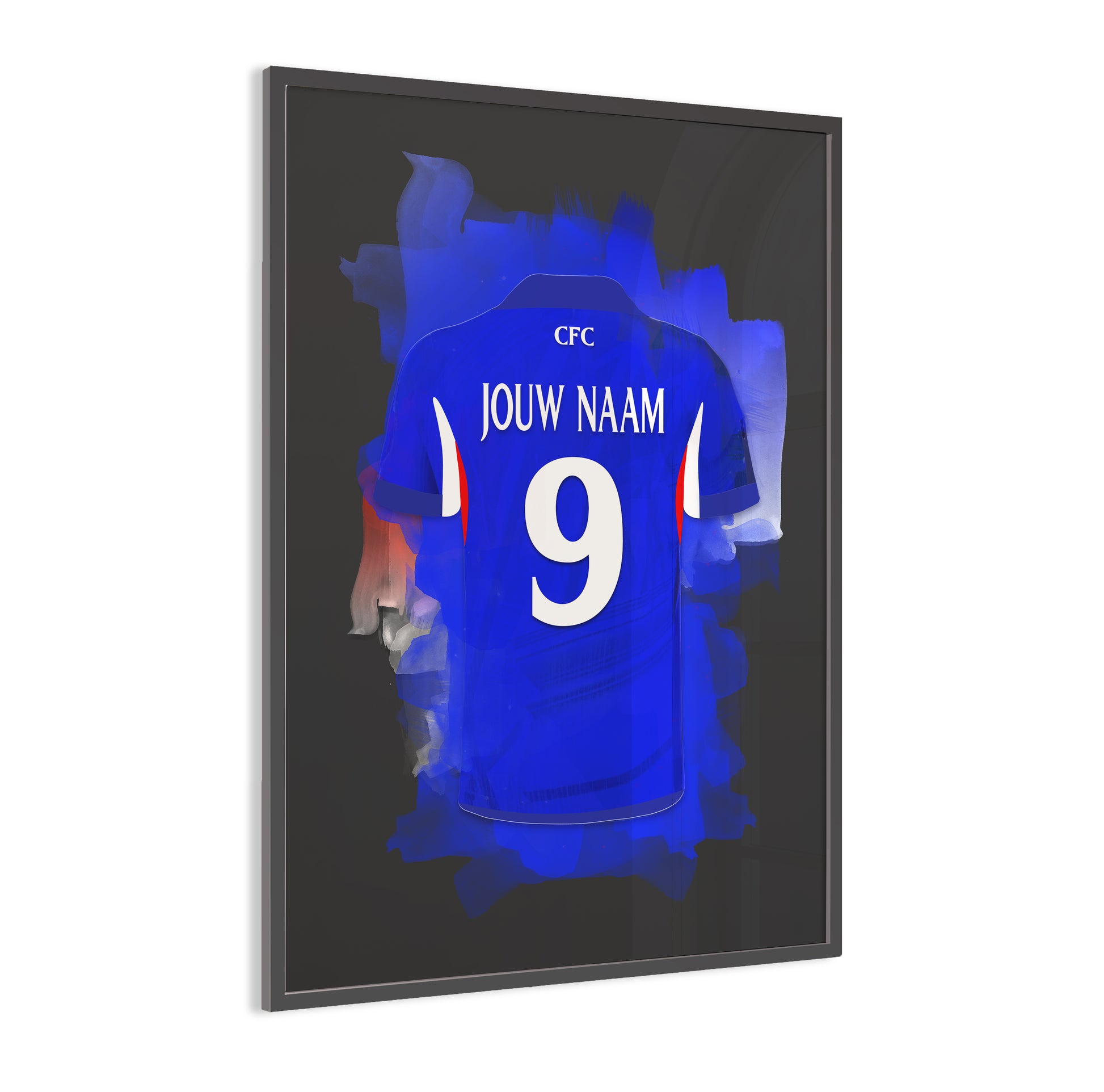 Chelsea FC wanddecoratie met eigen naam - Fan voetbal cadeau - ingelijste poster - Zwarte achtergrond - Chelsea shirt 2026