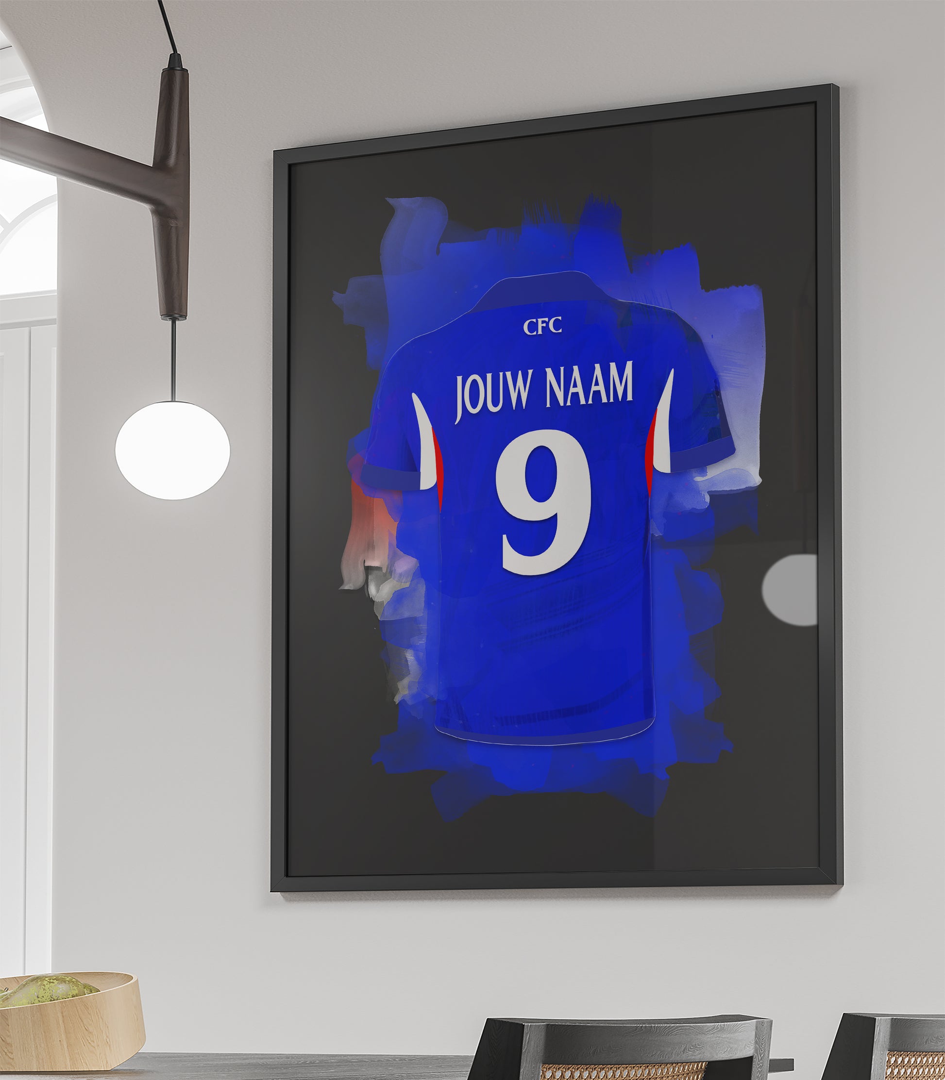Chelsea FC wanddecoratie met eigen naam - Fan voetbal cadeau - ingelijste poster - Zwarte achtergrond - Chelsea shirt 2026