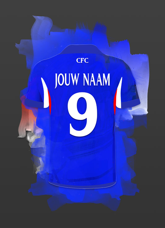 Chelsea FC wanddecoratie met eigen naam - Fan voetbal cadeau - Losse poster - Donkergrijze achtergrond - Chelsea shirt 2026