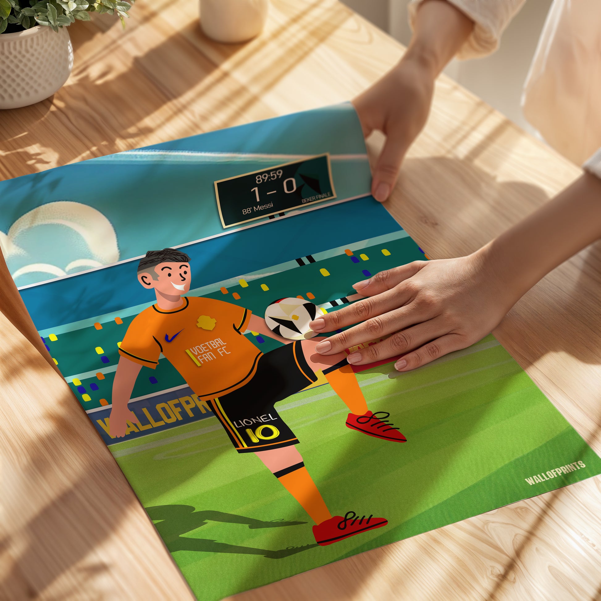 Cartoon poster van een voetballer die de winnende goal maakt, gepersonaliseerd met voornaam en rugnummer op de voetbalbroek en volledige naam op het scorebord.