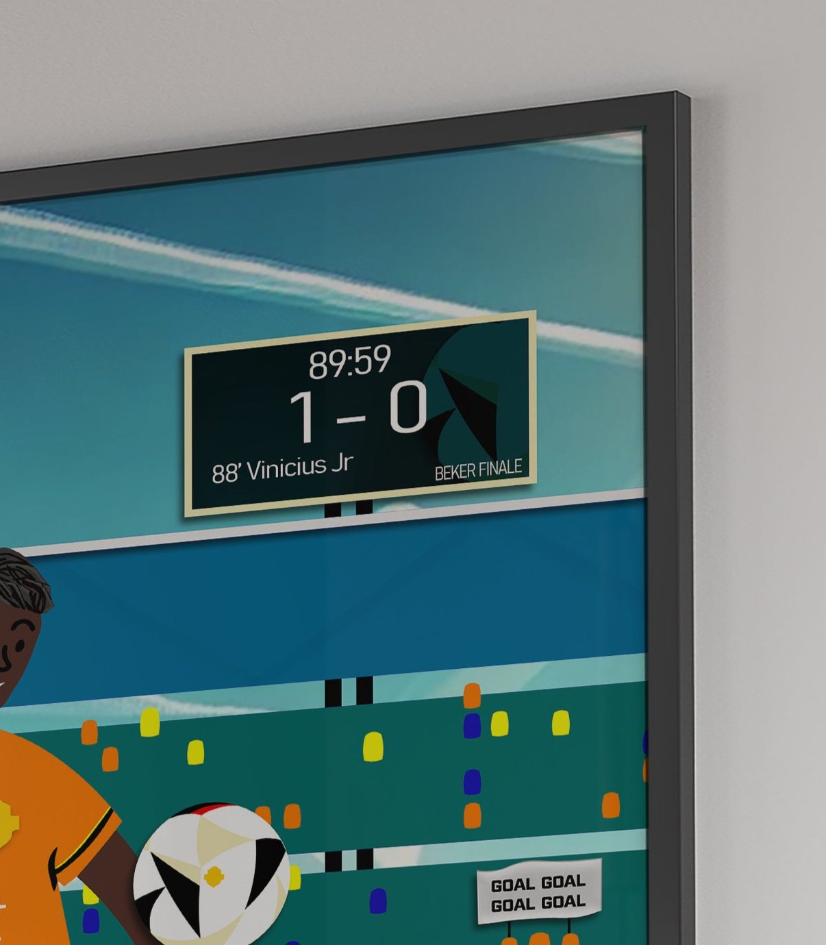 Cartoon poster van een voetballer die de winnende goal maakt, gepersonaliseerd met voornaam en rugnummer op de voetbalbroek en volledige naam op het scorebord.