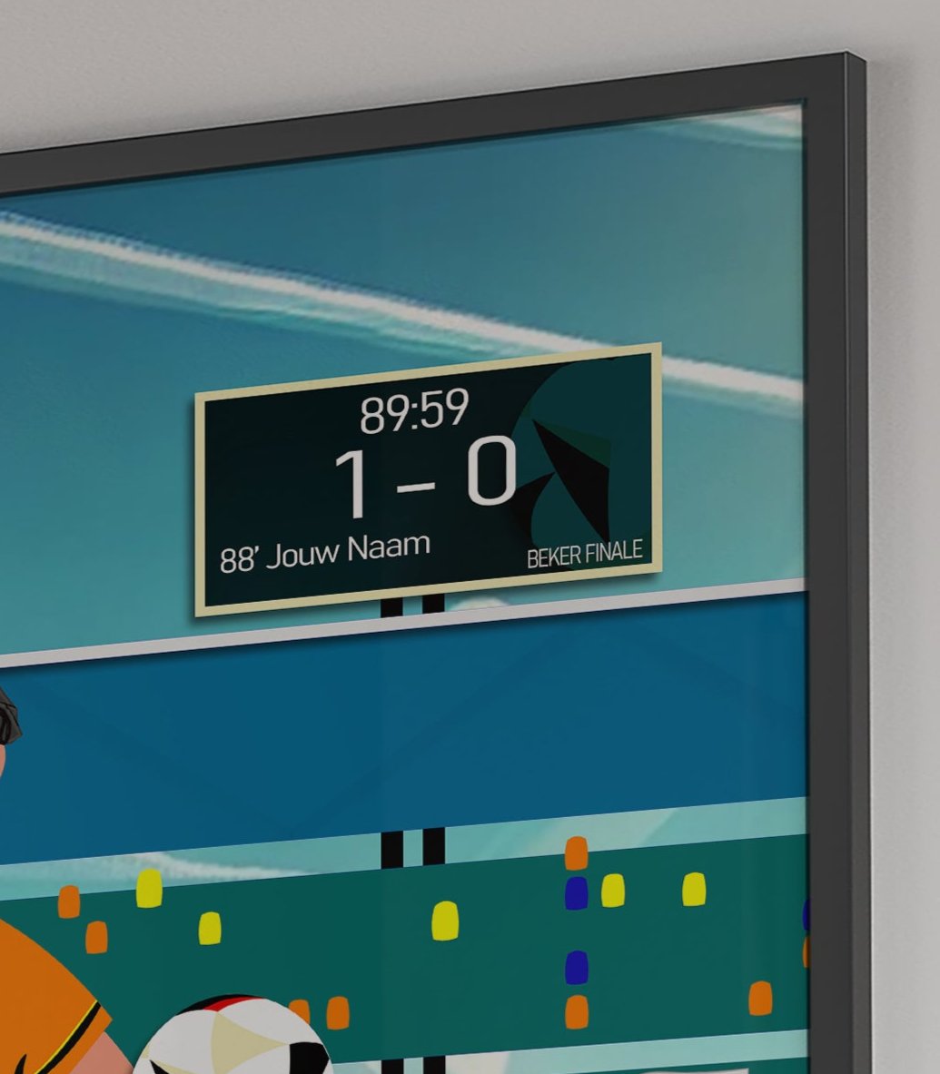 Cartoon poster van een voetballer die de winnende goal maakt, gepersonaliseerd met voornaam en rugnummer op de voetbalbroek en volledige naam op het scorebord.