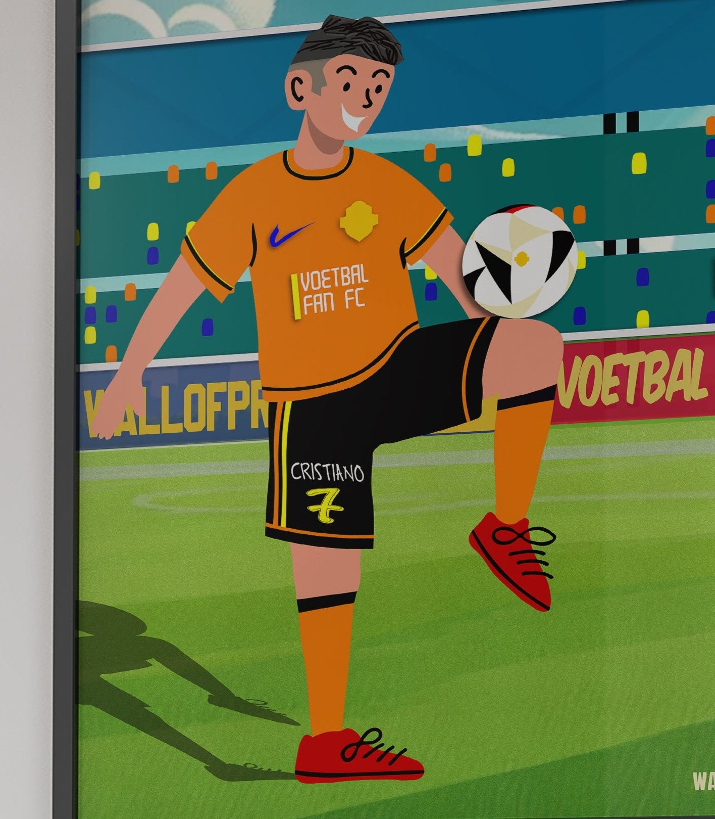 Cartoon poster van een voetballer die de winnende goal maakt, gepersonaliseerd met voornaam en rugnummer op de voetbalbroek en volledige naam op het scorebord.