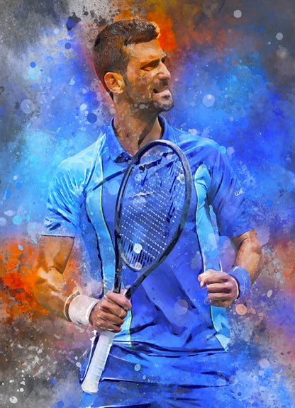 Poster van Novak Djokevic in waterverf schilderij. Met de optie om de print te verkrijgen als losse poster, ingelijste poster, canvas schilderij of dibond afdruk.