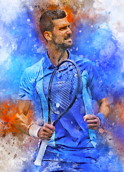 Poster van Novak Djokevic in waterverf schilderij. Met de optie om de print te verkrijgen als losse poster, ingelijste poster, canvas schilderij of dibond afdruk.