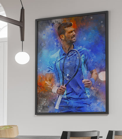 ingelijste poster van Novak Djokevic in waterverf schilderij. Met de optie om de print te verkrijgen als losse poster, ingelijste poster, canvas schilderij of dibond afdruk.