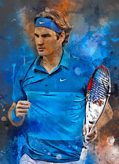 Ingelijste poster van Roger Federer in actie, met de optie om de afbeelding te verkrijgen als losse poster, ingelijste poster, canvas schilderij of dibond afdruk.