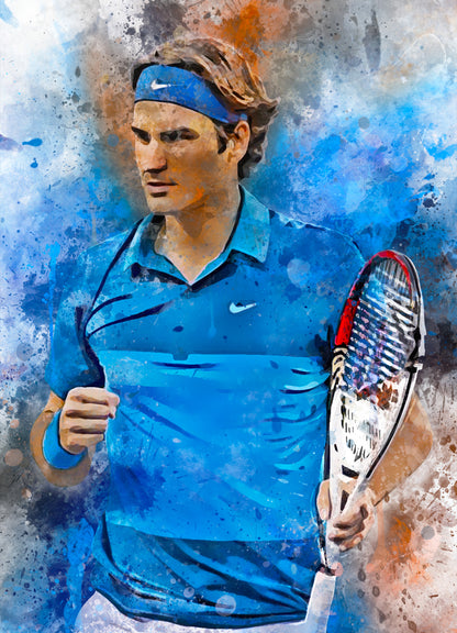 Ingelijste poster van Roger Federer in actie, met de optie om de afbeelding te verkrijgen als losse poster, ingelijste poster, canvas schilderij of dibond afdruk.