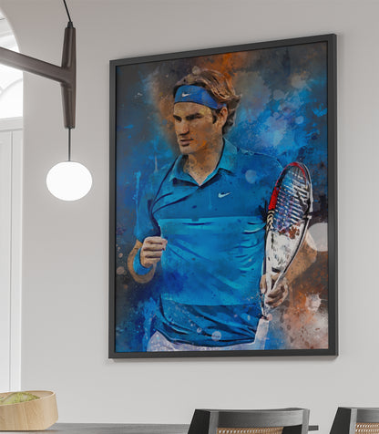 Ingelijste poster van Roger Federer in actie, met de optie om de afbeelding te verkrijgen als losse poster, ingelijste poster, canvas schilderij of dibond afdruk.