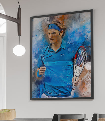 Ingelijste poster van Roger Federer in actie, met de optie om de afbeelding te verkrijgen als losse poster, ingelijste poster, canvas schilderij of dibond afdruk.