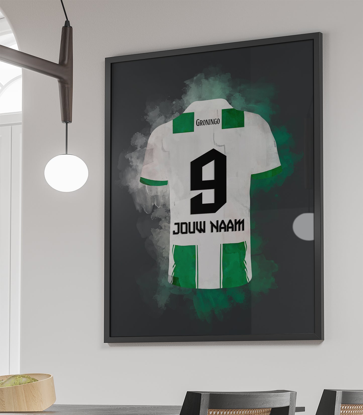 Handgemaakte FC Groningen poster met mogelijkheid tot personalisatie van naam en rugnummer, stijlvolle wanddecoratie voor fans