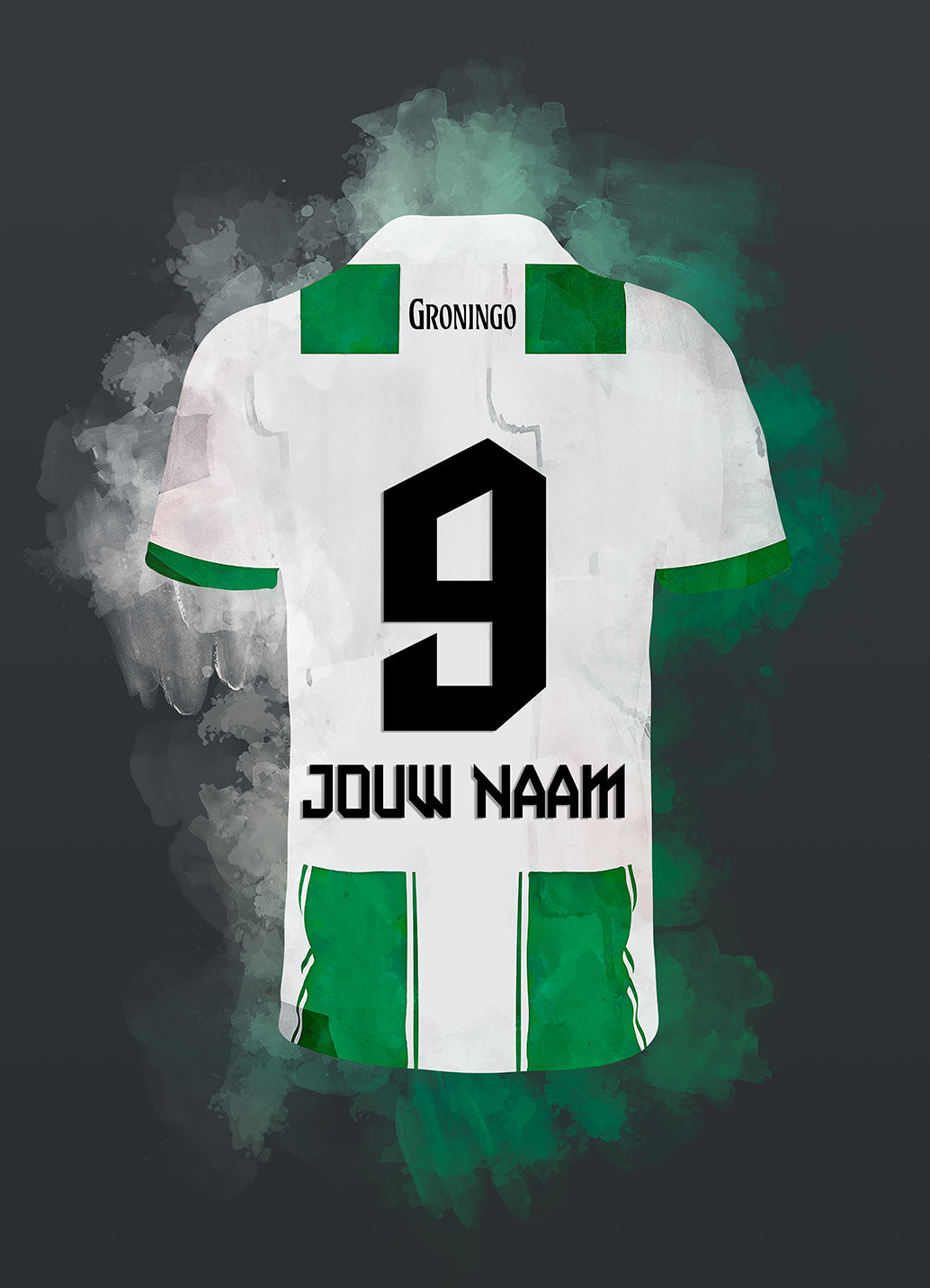 Handgemaakte FC Groningen poster met mogelijkheid tot personalisatie van naam en rugnummer, stijlvolle wanddecoratie voor fans