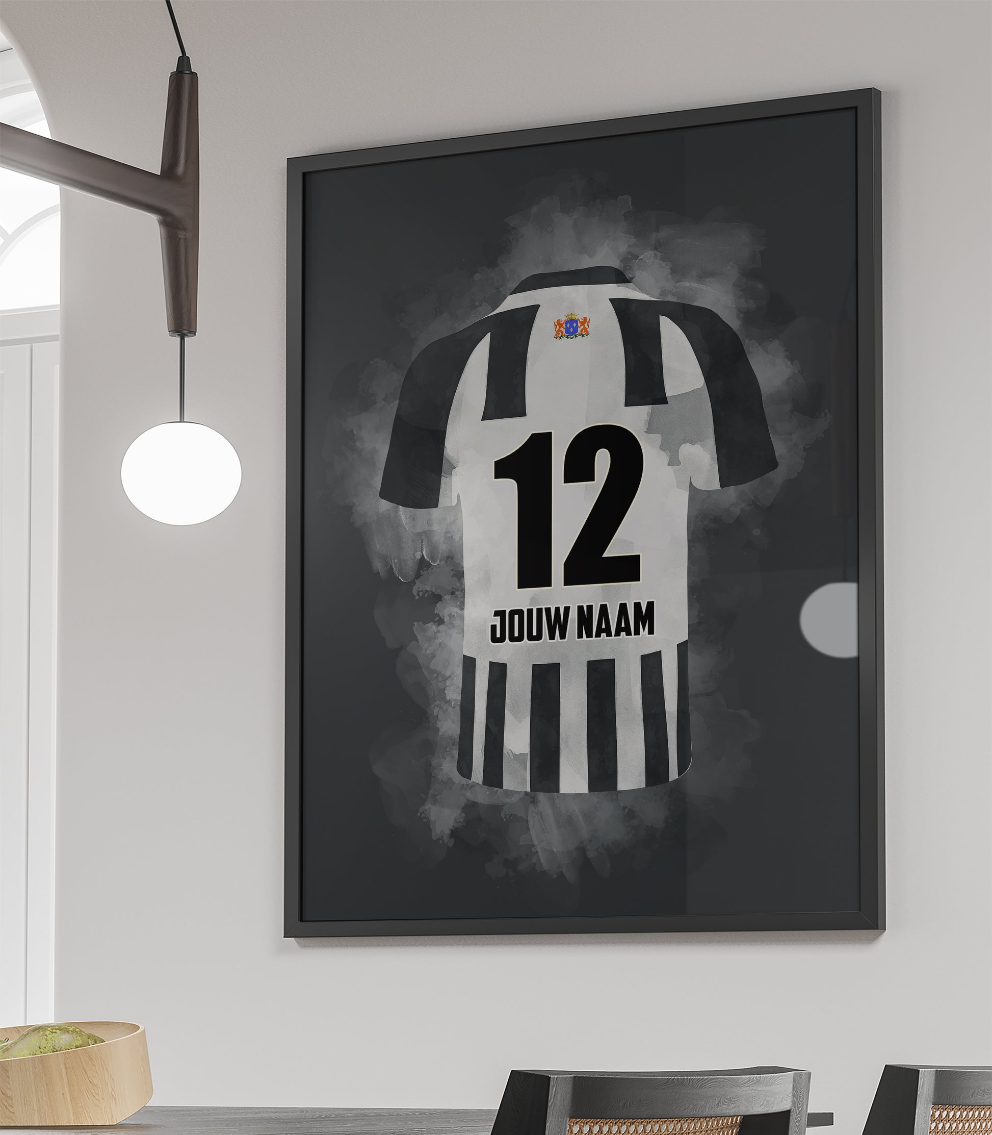 Handgemaakte Heracles Almelo poster met mogelijkheid tot personalisatie van naam en rugnummer, stijlvolle wanddecoratie voor fans