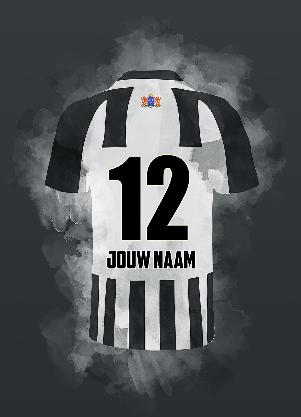 Handgemaakte Heracles Almelo poster met mogelijkheid tot personalisatie van naam en rugnummer, stijlvolle wanddecoratie voor fans