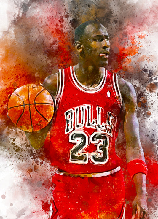 Michael Jordan poster in Chicago Bulls tenue. Basketbal poster beschikbaar als losse poster, ingelijste poster, canvas schilderij en dibond. In donkergrijze of witte achtergrondkleur.