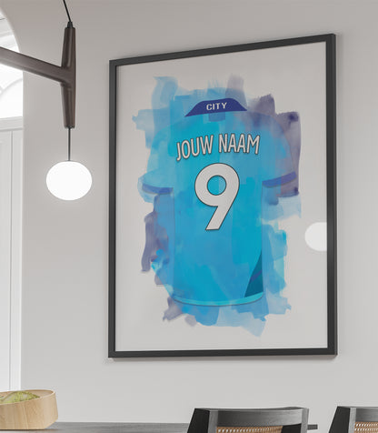 Manchester City ingelijste poster met eigen naam en rugnummer - Man City poster met personalisatie