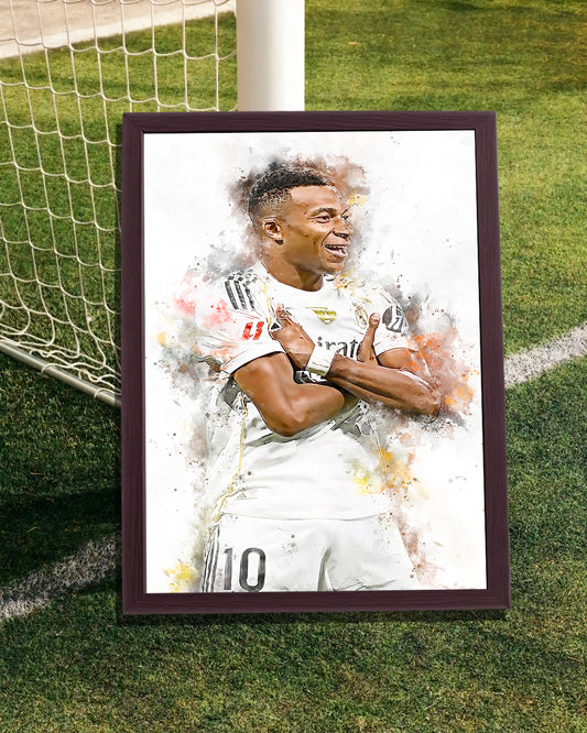 Kylian Mbappe ingelijste zwarte poster in Real Madrid tenue