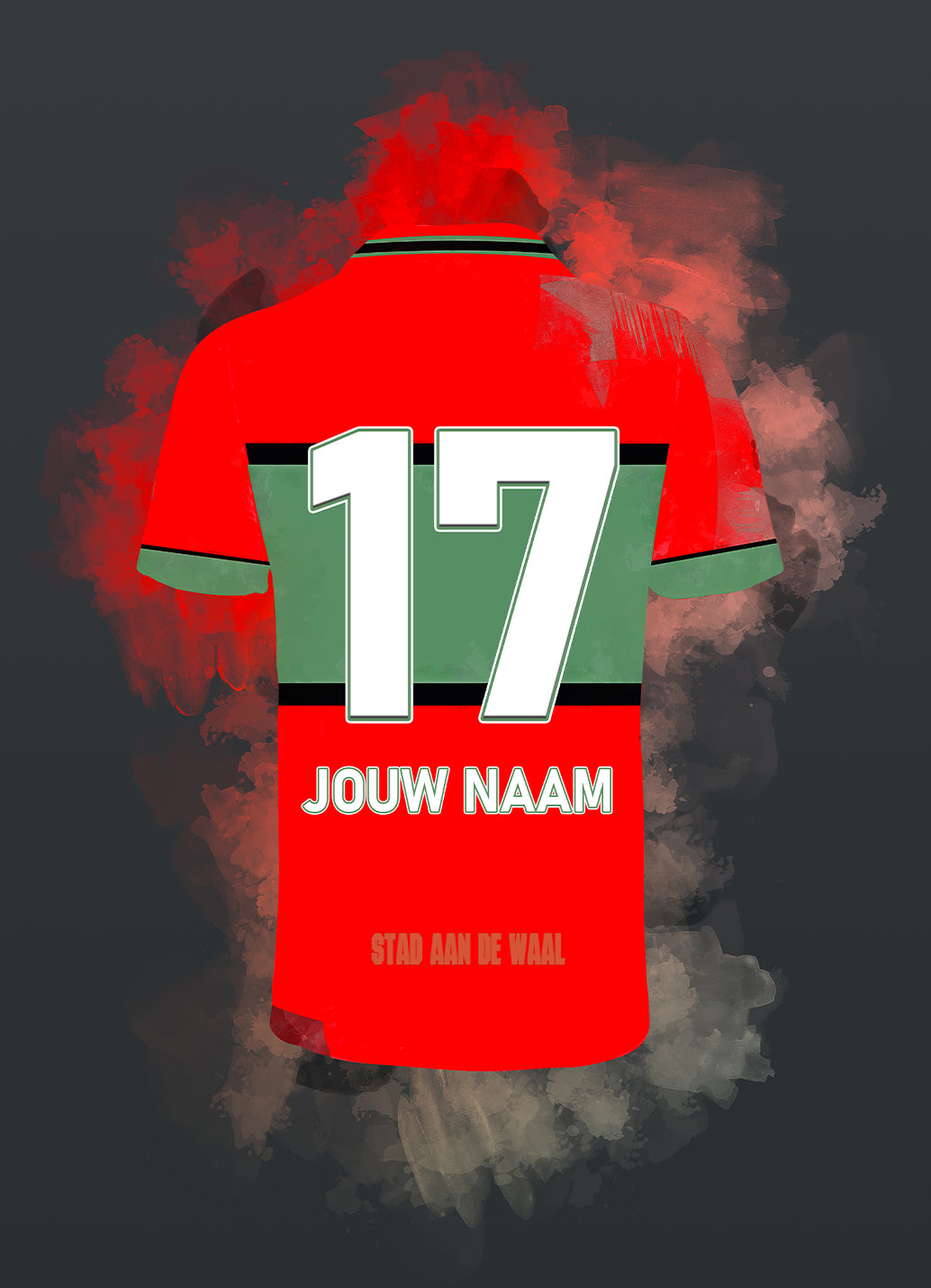 Handgemaakte NEC Nijmegen poster met mogelijkheid tot personalisatie van naam en rugnummer, stijlvolle wanddecoratie voor fans