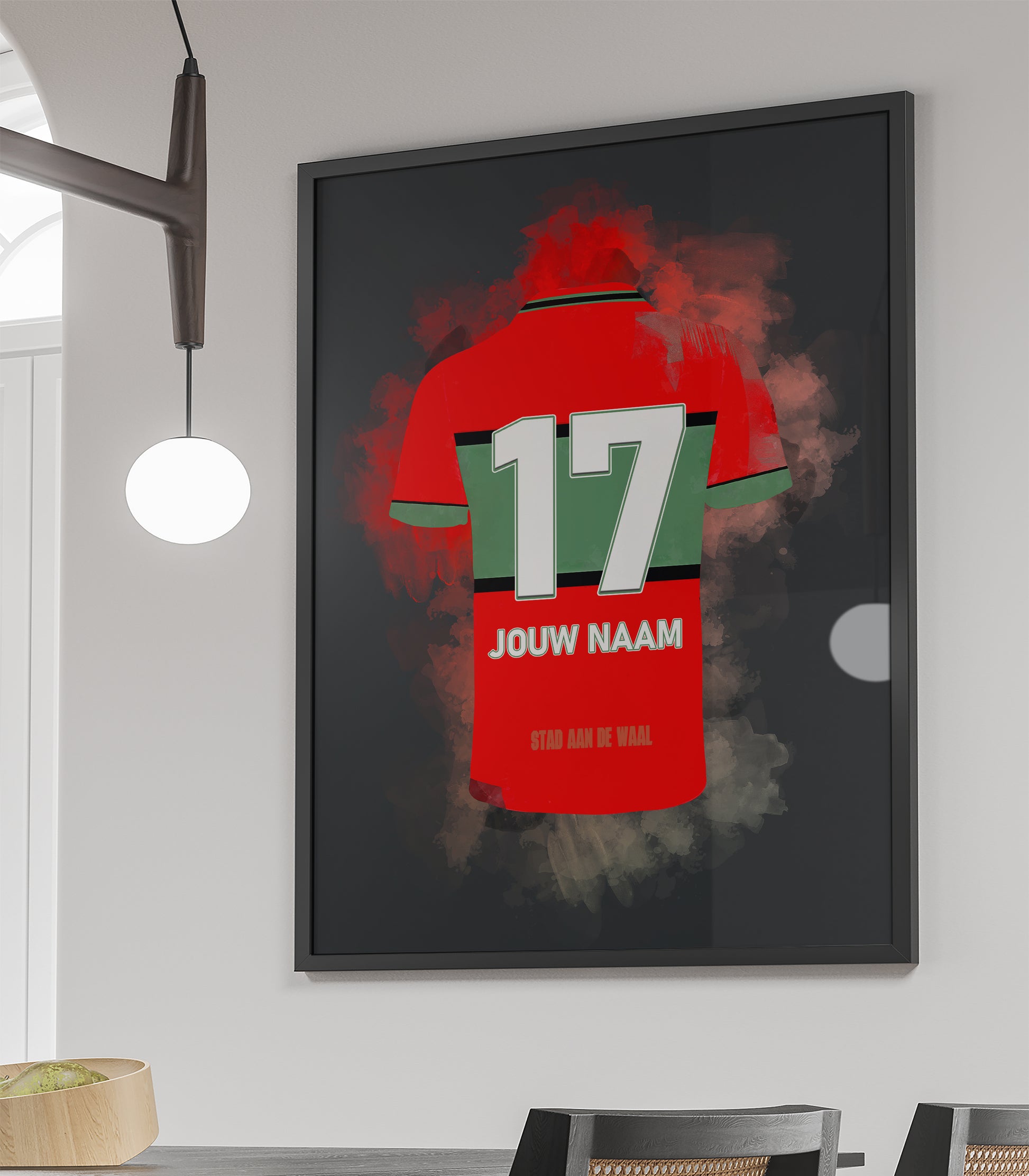 Handgemaakte NEC Nijmegen poster met mogelijkheid tot personalisatie van naam en rugnummer, stijlvolle wanddecoratie voor fans