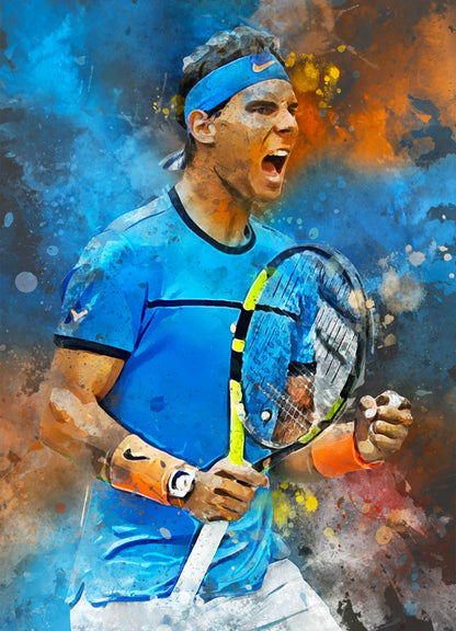 Ingelijste poster van Rafael Nadal in actie, met de optie om de afbeelding te verkrijgen als losse poster, ingelijste poster, canvas schilderij of dibond afdruk.