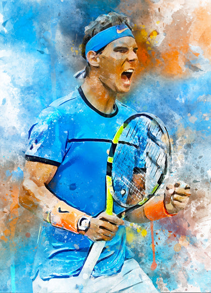 Ingelijste poster van Rafael Nadal in actie, met de optie om de afbeelding te verkrijgen als losse poster, ingelijste poster, canvas schilderij of dibond afdruk.
