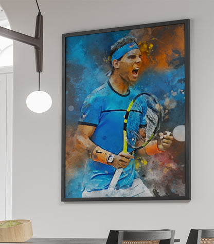 Ingelijste poster van Rafael Nadal in actie, met de optie om de afbeelding te verkrijgen als losse poster, ingelijste poster, canvas schilderij of dibond afdruk.