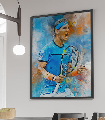 Ingelijste poster van Rafael Nadal in actie, met de optie om de afbeelding te verkrijgen als losse poster, ingelijste poster, canvas schilderij of dibond afdruk.