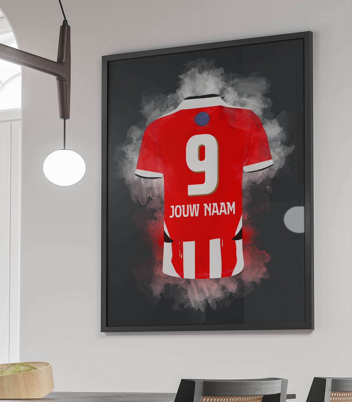 Handgemaakte PSV Eindhoven poster met mogelijkheid tot personalisatie van naam en rugnummer, stijlvolle wanddecoratie voor fans