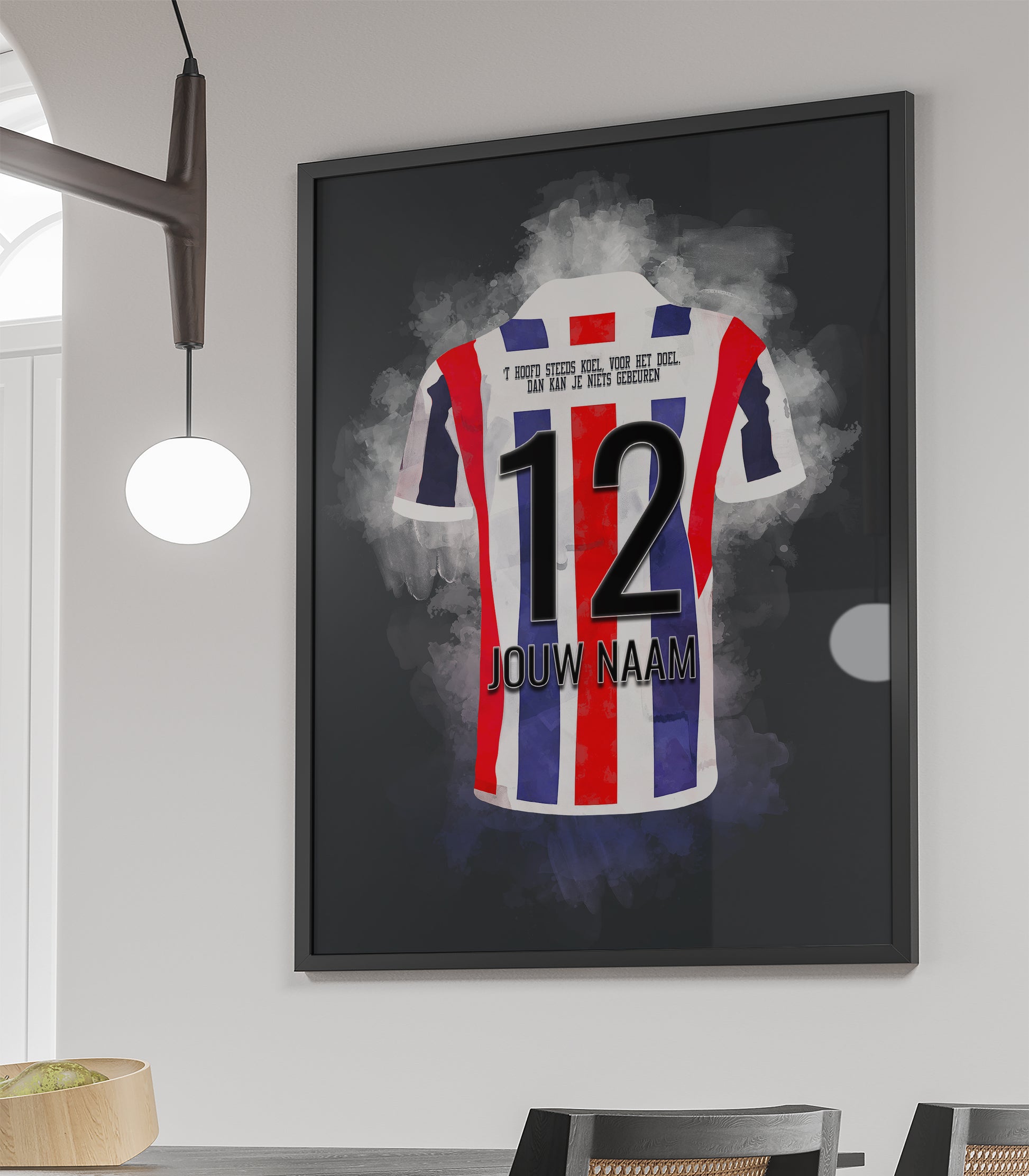 Handgemaakte Willem II poster met mogelijkheid tot personalisatie van naam en rugnummer, stijlvolle wanddecoratie voor fans