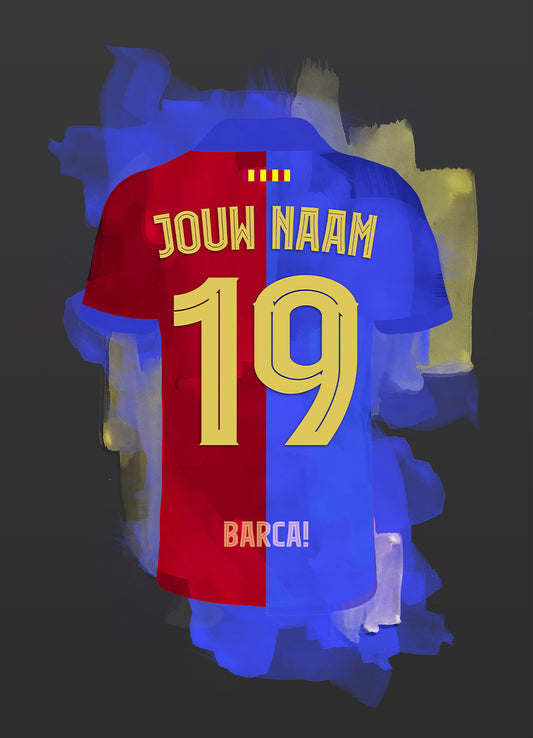FC Barcelona poster met naam, beschikbaar op canvas, dibond, hd-poster en ingelijste poster. Met zwarte achtergrondkleur