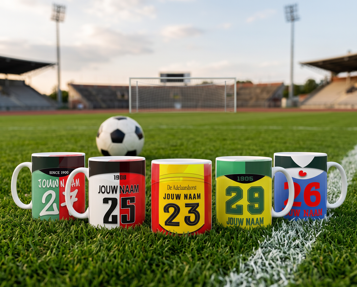 Voetbalmokken bestel je bij Wallofprints! Unieke voetbal mokken met eigen naam en rugnummer personalisatie!